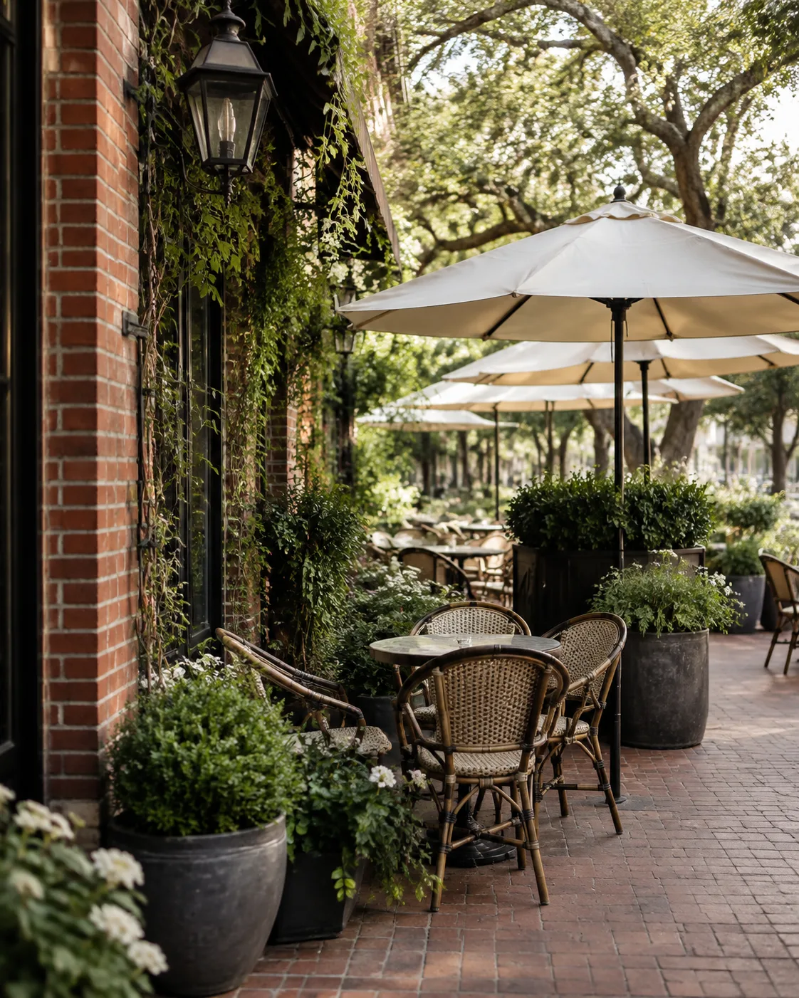 Illustrative café surrounded by greenery