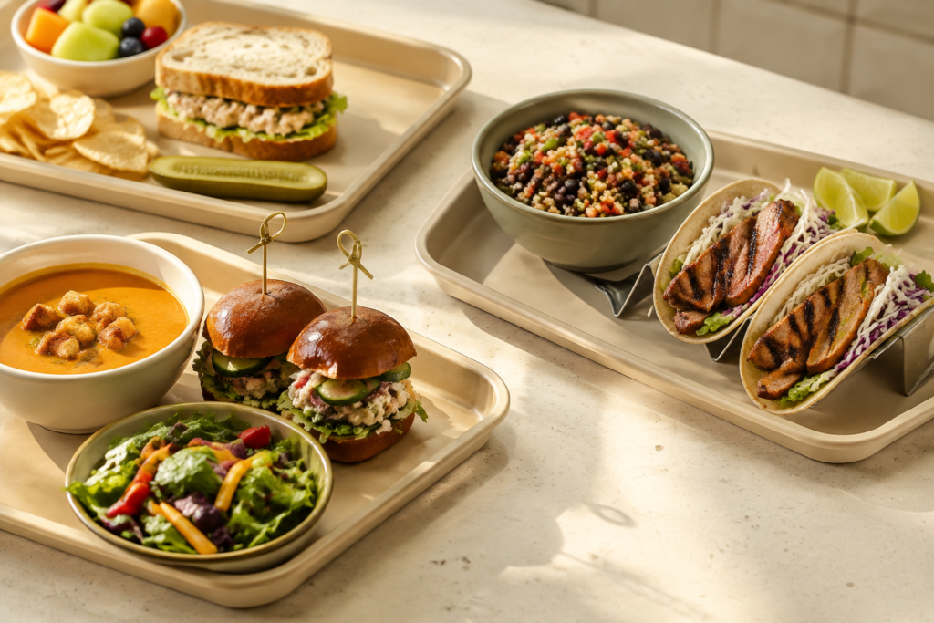 AI illustration: Low oblique close-up of three unbranded lunch serving trays with distinct colorful small meals