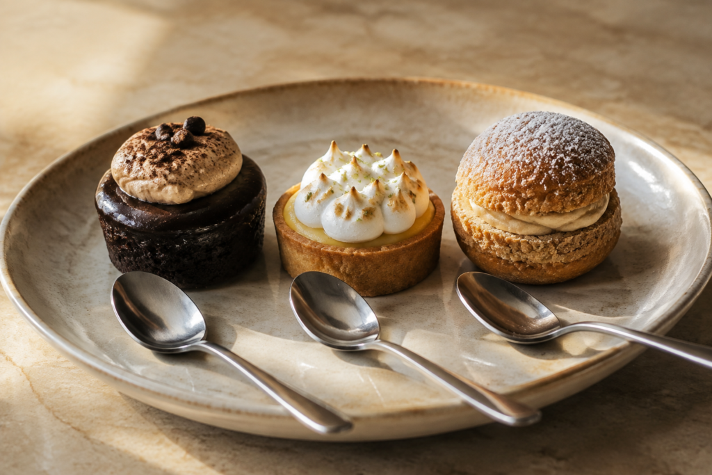 AI illustration: A shared dessert plate with three small pastries and three spoons
