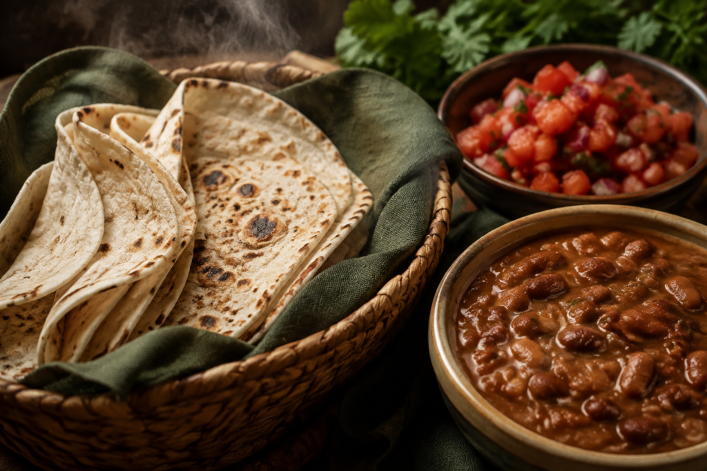 AI illustration: Close editorial still life of steaming warm flour tortillas in a woven basket beside a bowl of slow-cooked beans