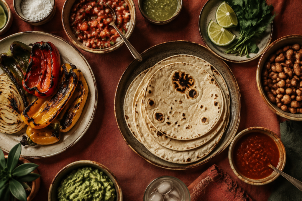 AI illustration: Intimate overhead Tex-Mex sharing spread of soft tortillas