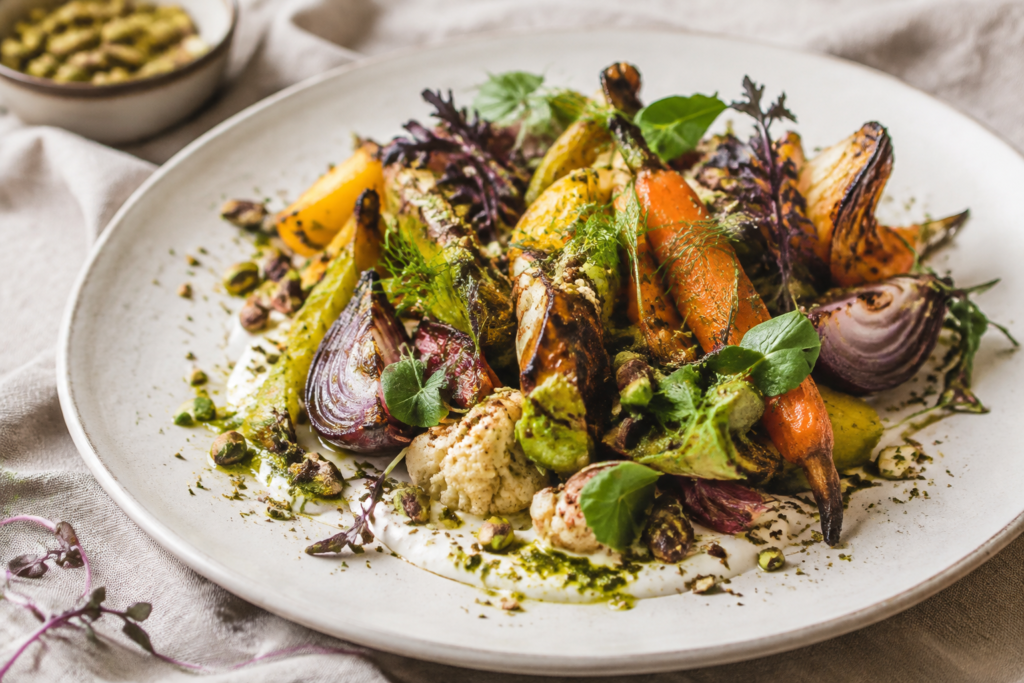 AI illustration: Bright close-up of a beautifully composed vegetable-forward restaurant plate