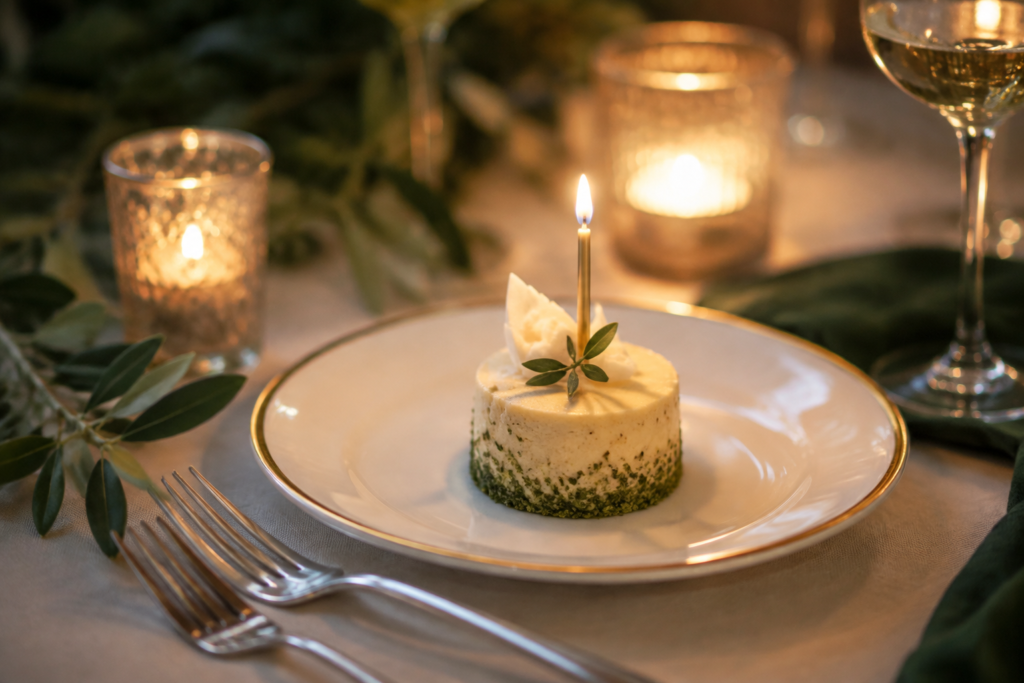 AI illustration: A small elegant celebration dessert with one simple candle on porcelain