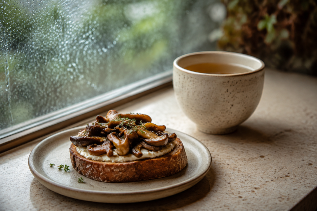 AI illustration: A small savory snack and ceramic tea cup on a café tabletop beside a soft window with raindrops
