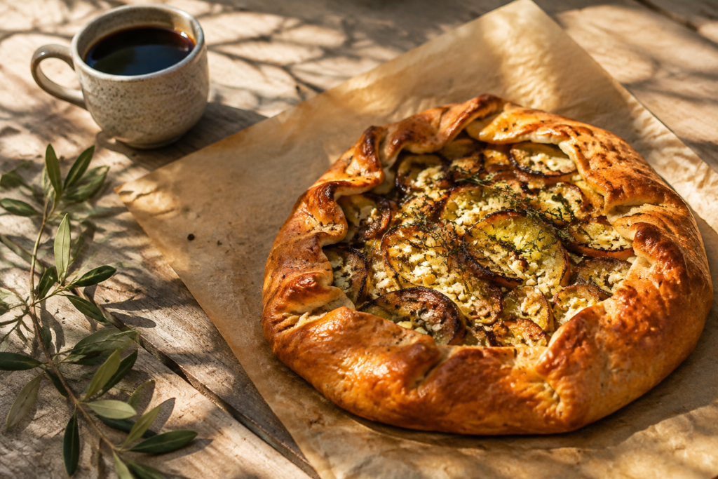 AI illustration: A freshly baked savory pastry on parchment with a small ceramic coffee cup