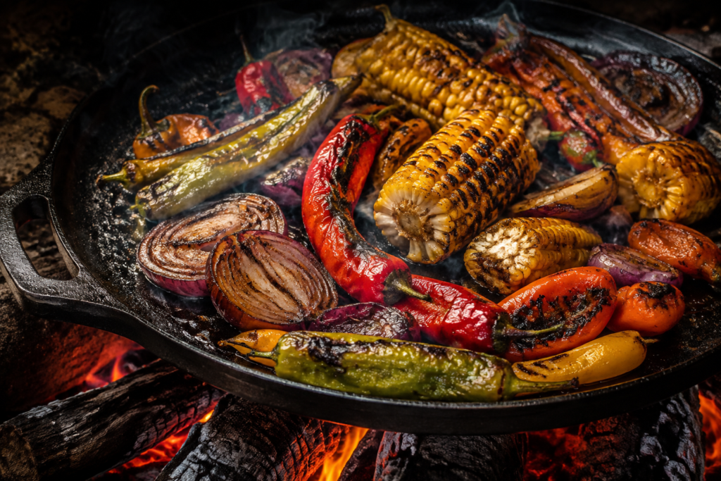 AI illustration: Close-up of charred vegetables cooking over glowing wood on a rustic cast iron skillet