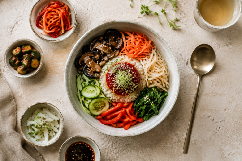 AI illustration: A Korean-inspired vegetable rice bowl with neatly arranged colorful ingredients
