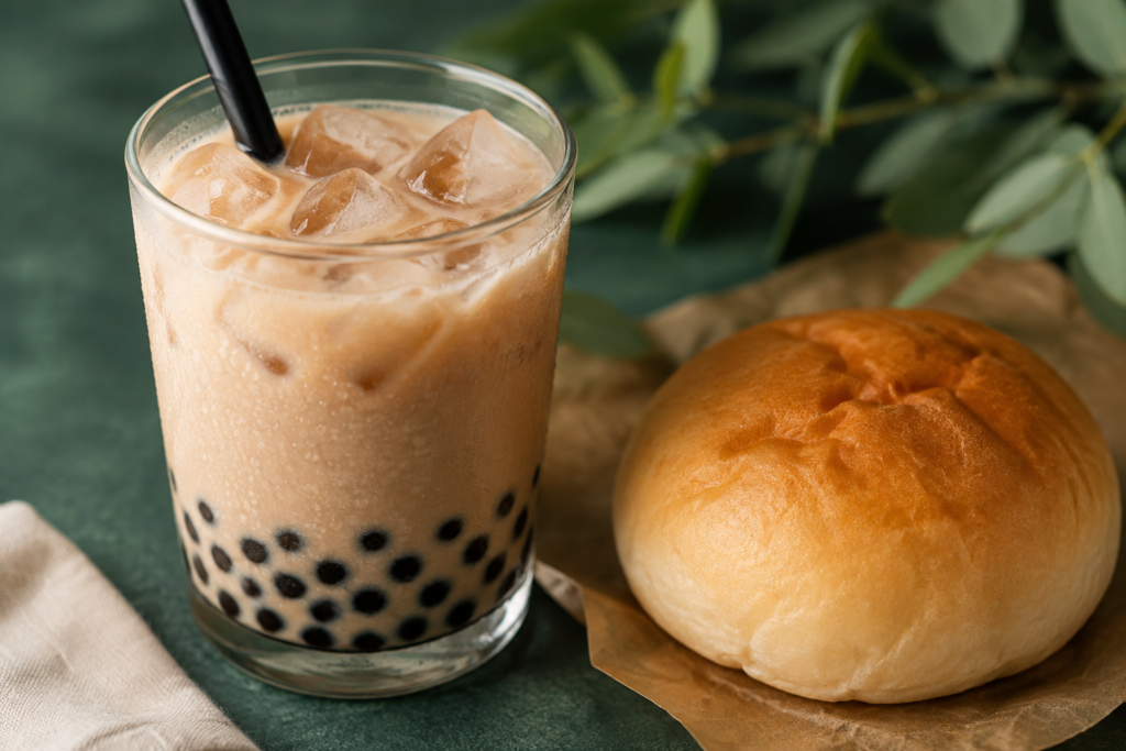 AI illustration: Close-up of a milk tea drink with real condensation and soft tapioca pearls next to a fresh plain bakery bun
