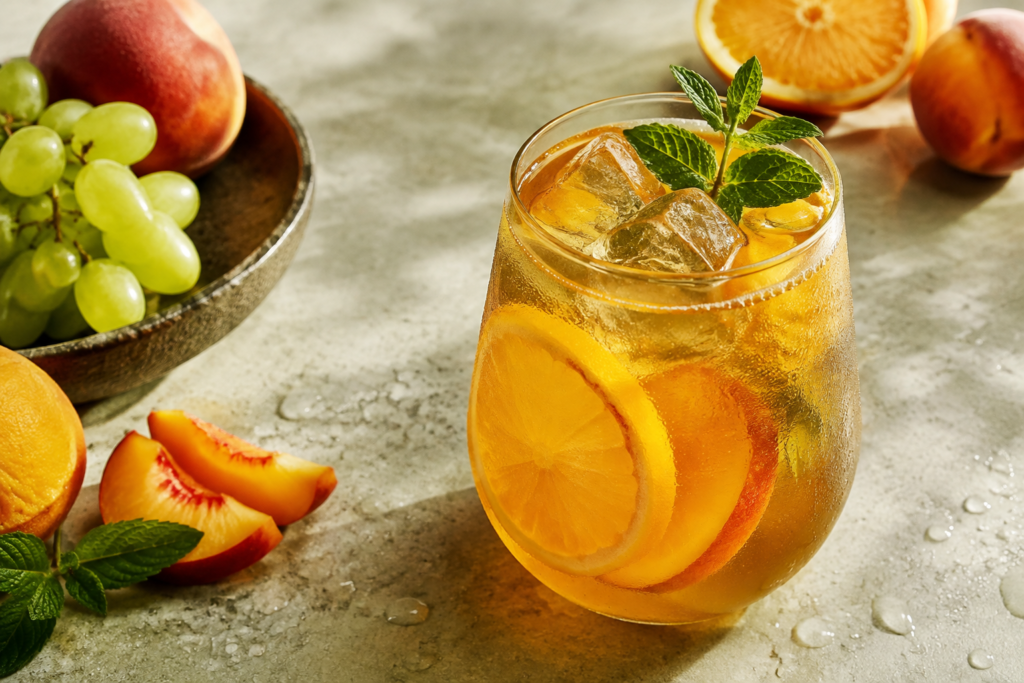 AI illustration: Clear fruit tea over ice with citrus slices and mint in unbranded glass beside fresh fruit
