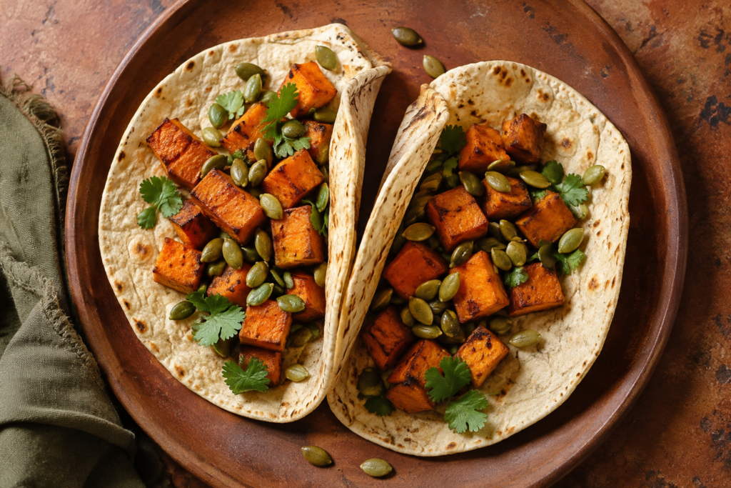 AI illustration: Vegetable taco illustration inspired by the article's sweet-potato option: roasted sweet potato and toasted pepitas in soft tortilla