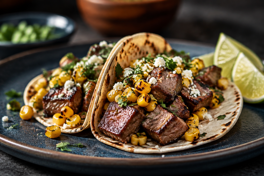 AI illustration: A beef tenderloin and corn taco concept inspired by the named Cowboy taco in the article