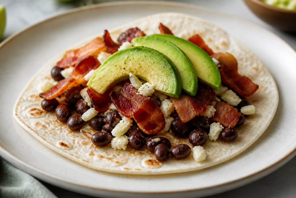 AI illustration: Breakfast taco illustration inspired by the article's named Otto ingredients: flour tortilla with black beans
