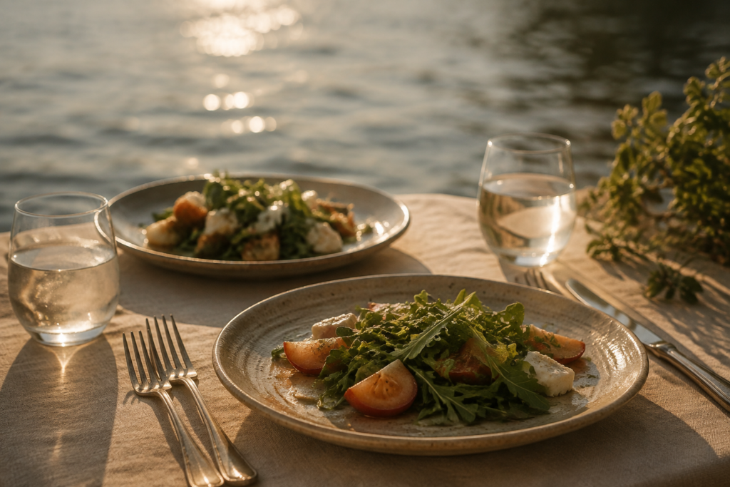 AI illustration: Unbranded elegant table for two next to soft out-of-focus lake water