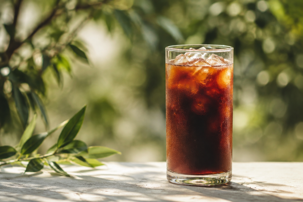 AI illustration: One tall glass of iced black coffee with detailed clear ice and condensation on pale stone