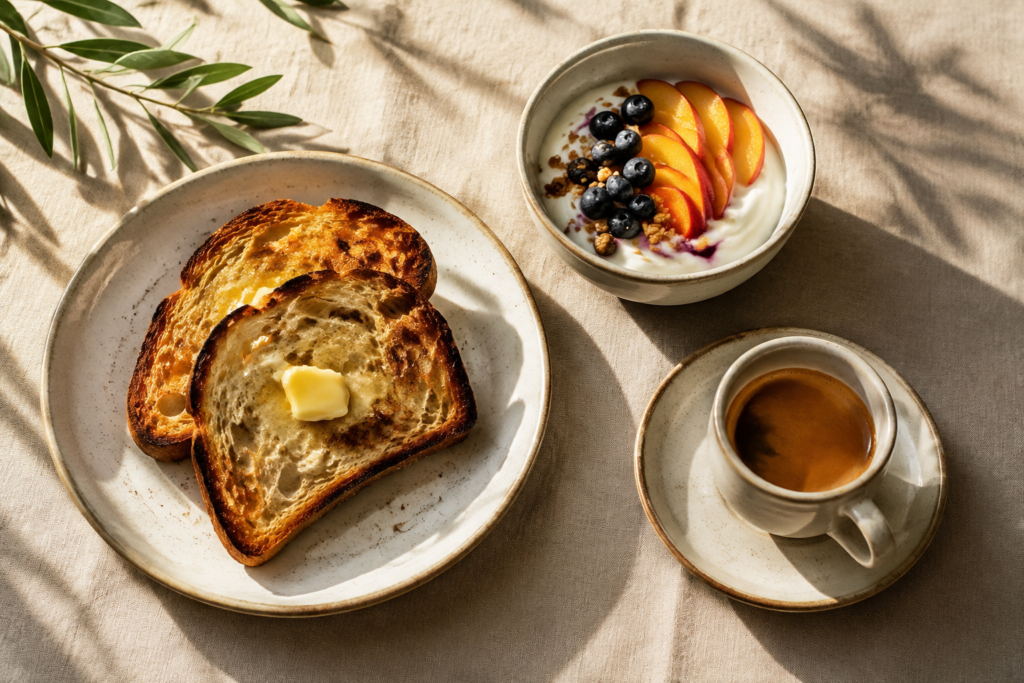 AI illustration: A light breakfast pairing of warm toast and a small yogurt-and-fruit bowl with a plain espresso
