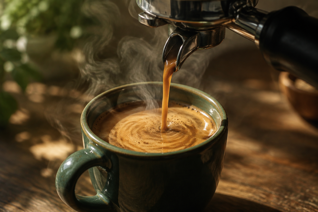 AI illustration: Morning espresso pouring into a handmade forest-green cup