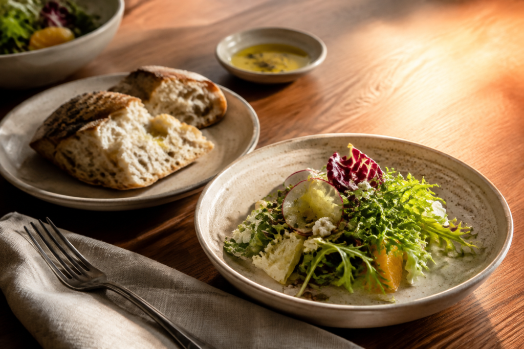 A light salad and warm bread in afternoon light