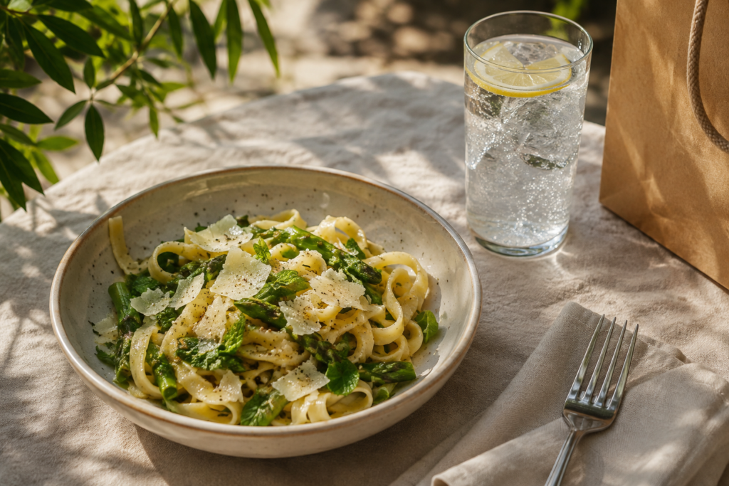A bowl of pasta and sparkling water during a lunch break