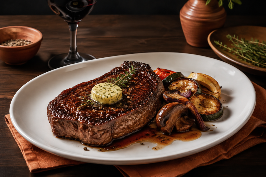 Seared steak and roasted vegetables on a white plate