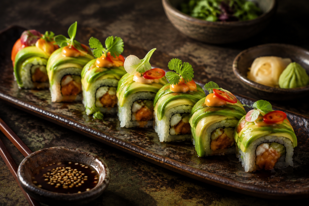 Colorful sushi rolls on a dark ceramic platter