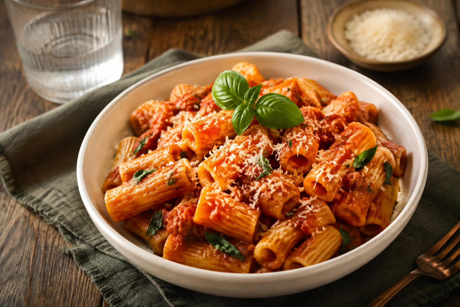 Rigatoni with tomato sauce, basil and grated cheese in a ceramic bowl