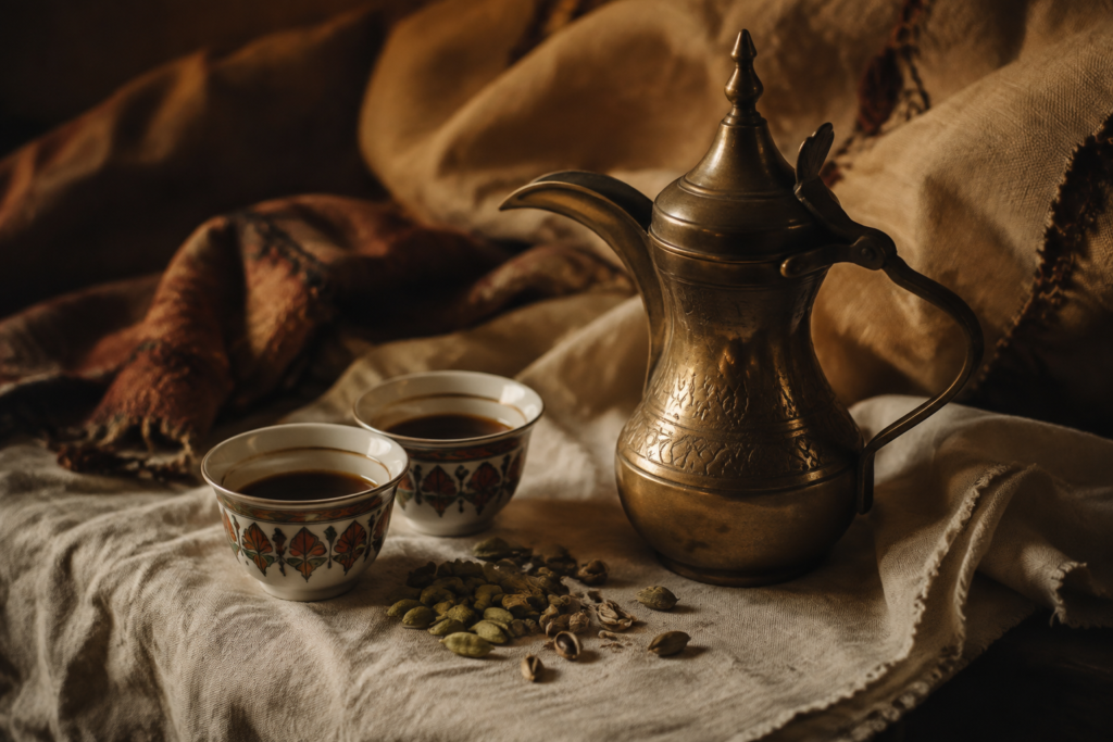 A traditional-style coffee pot and small cups with cardamom