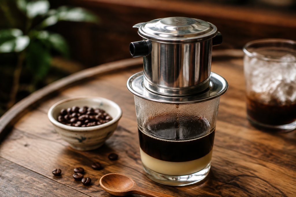 A Vietnamese phin filter over layered coffee and condensed milk