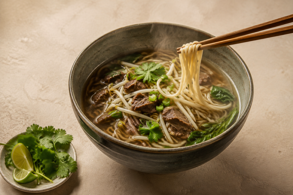 Noodles lifted above a bowl of hot broth