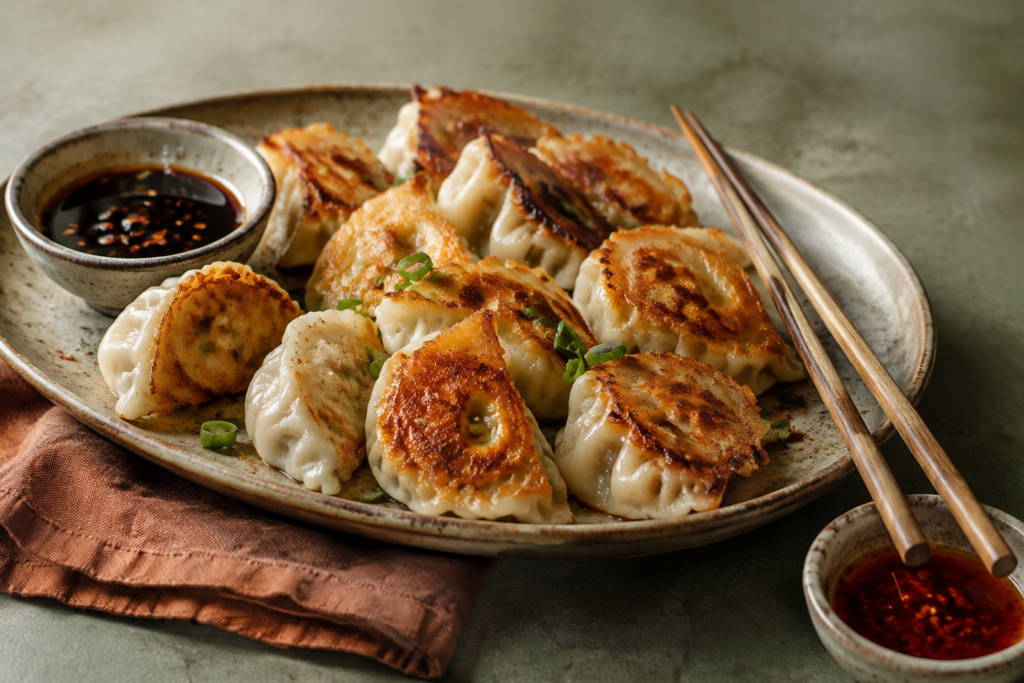 Pan-fried dumplings with golden bottoms and dipping sauce