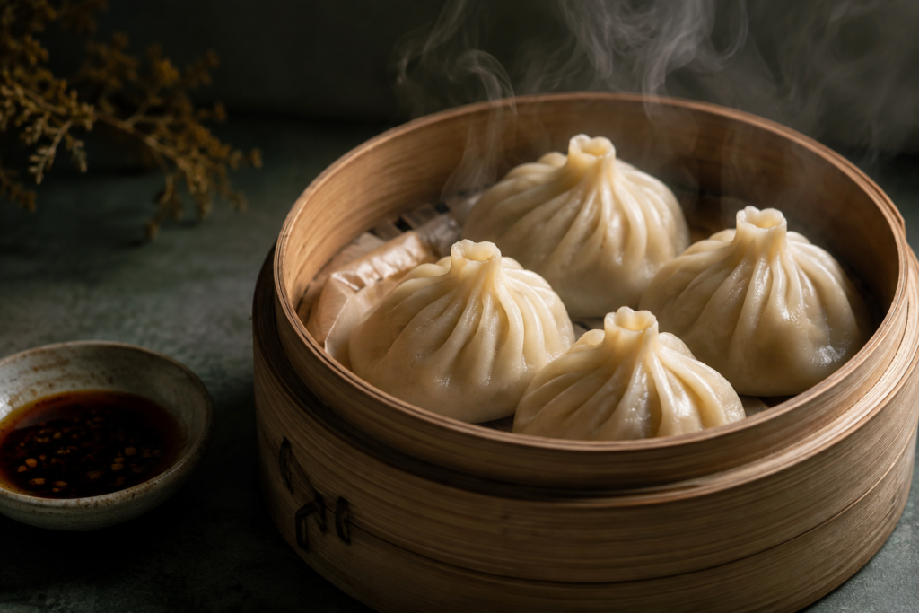 Steaming pleated dumplings in a bamboo basket