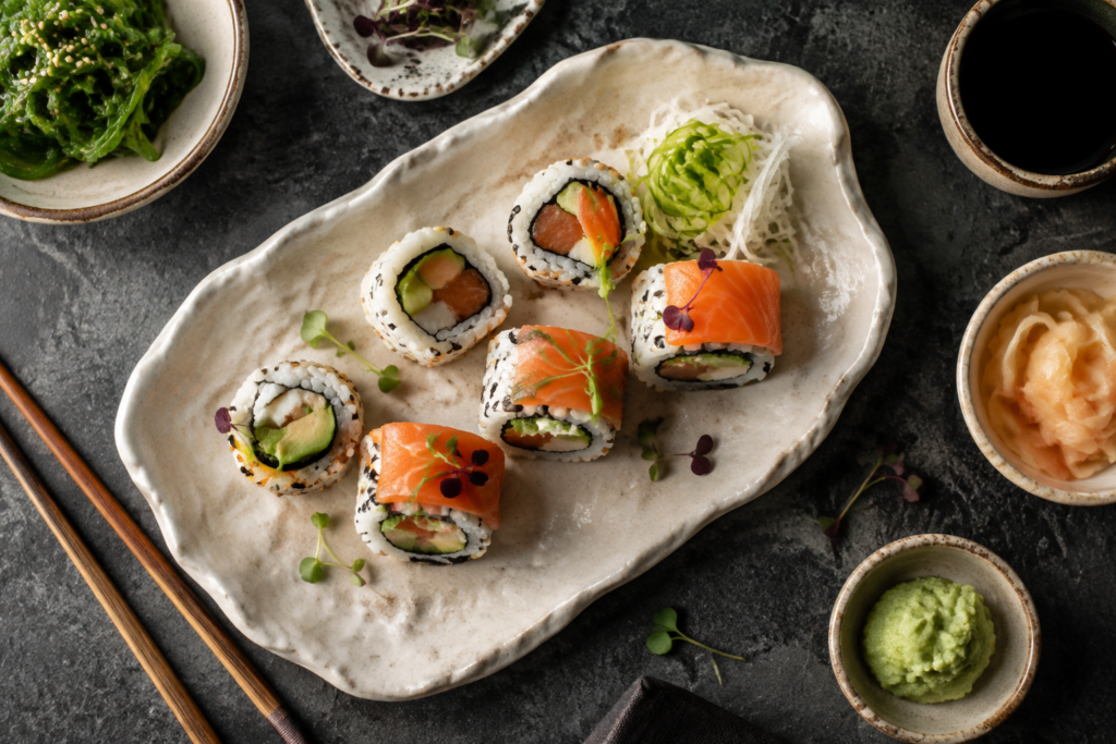 Salmon and vegetable sushi rolls on an ivory platter