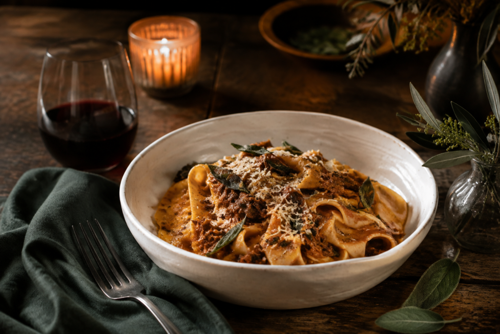Ribbon pasta on an ivory plate in warm evening light