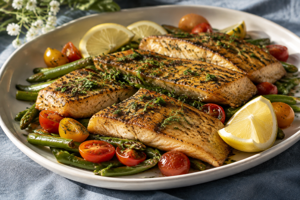 Grilled fish with vegetables and lemon on a white platter