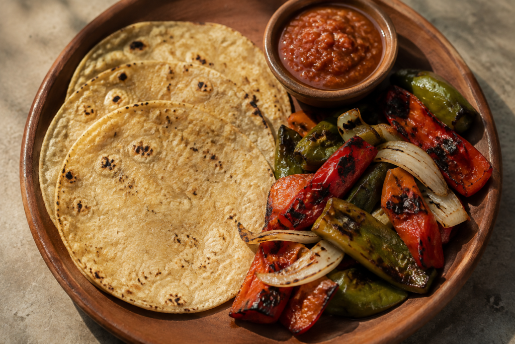 Tortillas, grilled peppers and red salsa on clay tableware
