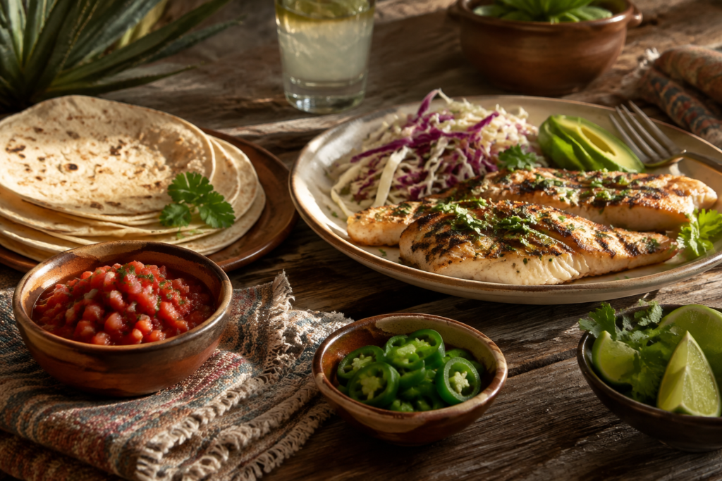 A Tex-Mex and seafood-inspired meal with tortillas and fish