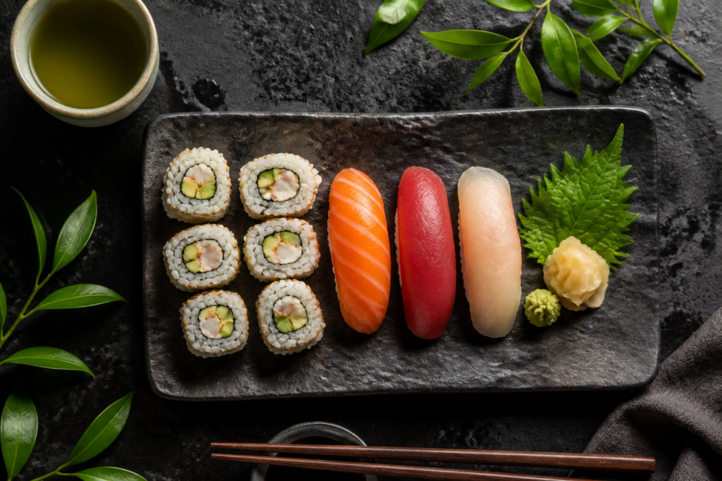Japanese-style sushi with a small tea cup