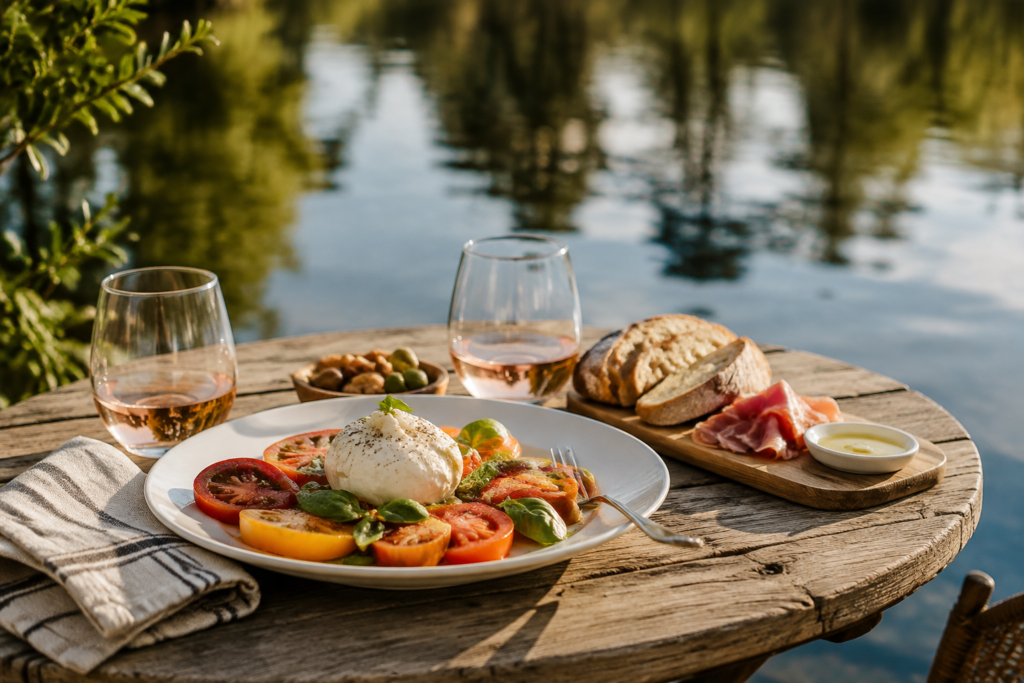 A light meal on a patio table beside blurred lake water