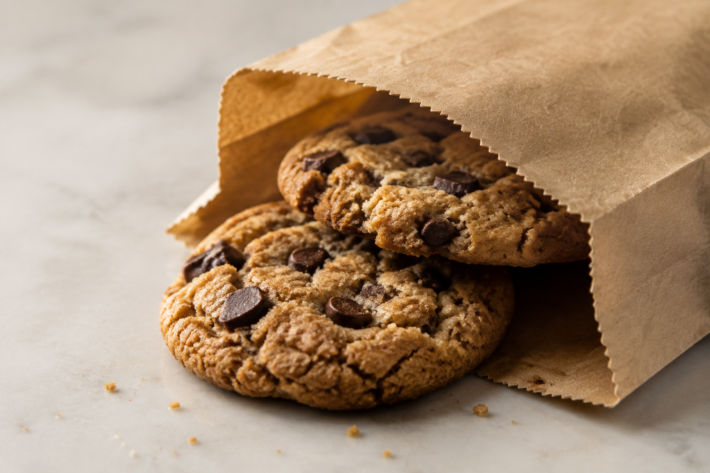 Two bakery cookies in an unbranded paper bag
