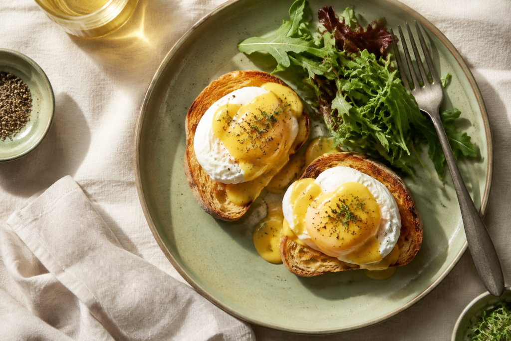 Poached eggs on toast with fresh greens