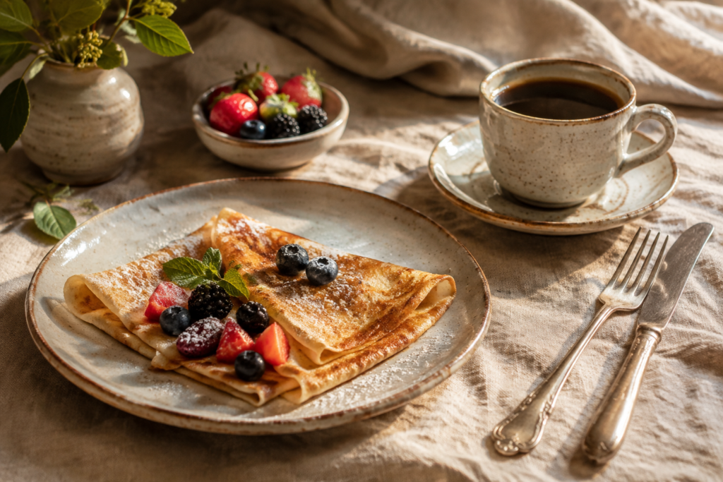 A folded crepe, berries and coffee on linen