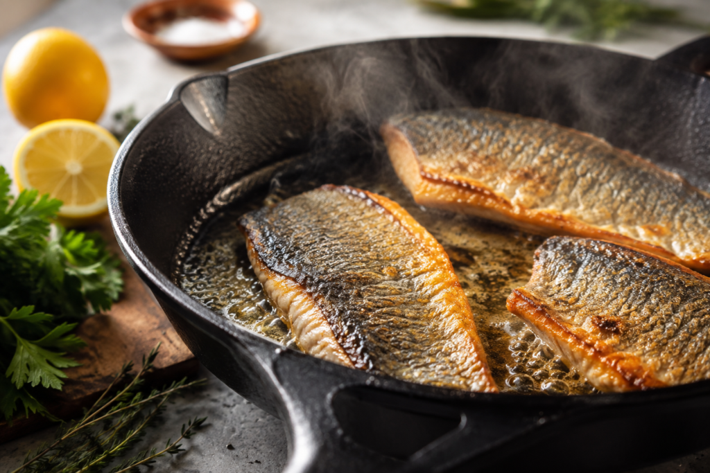 Fish fillets sizzling in a skillet with herbs and lemon