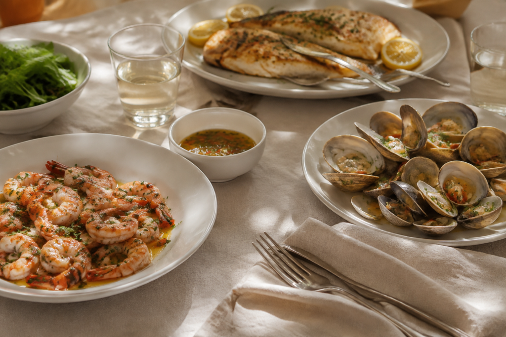 Several seafood dishes arranged for sharing around a table
