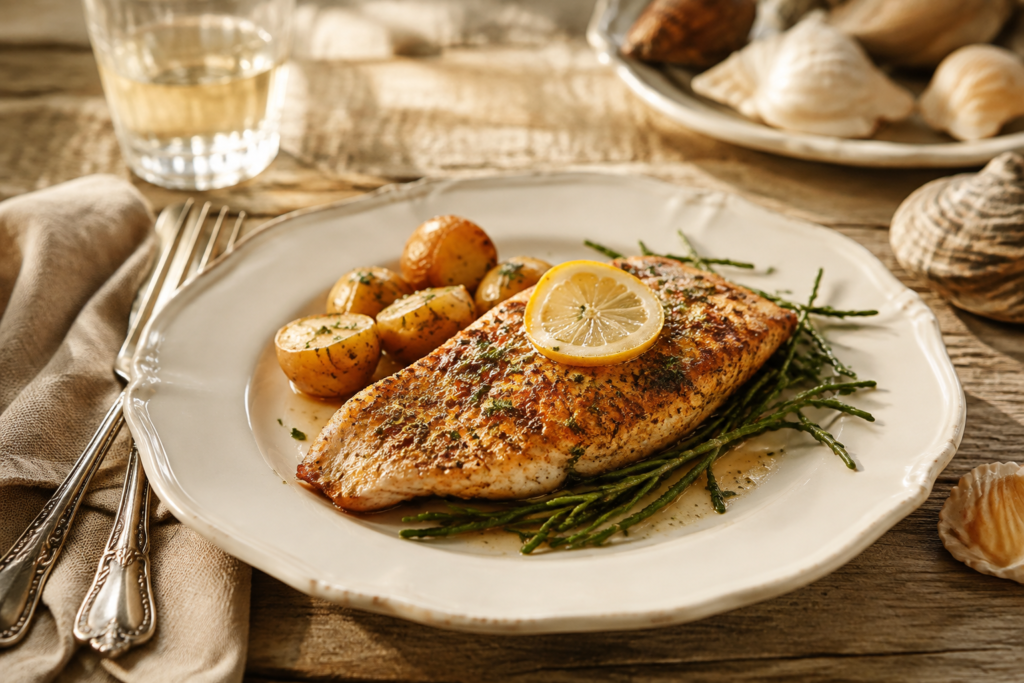A classic fish dinner with white porcelain and linen