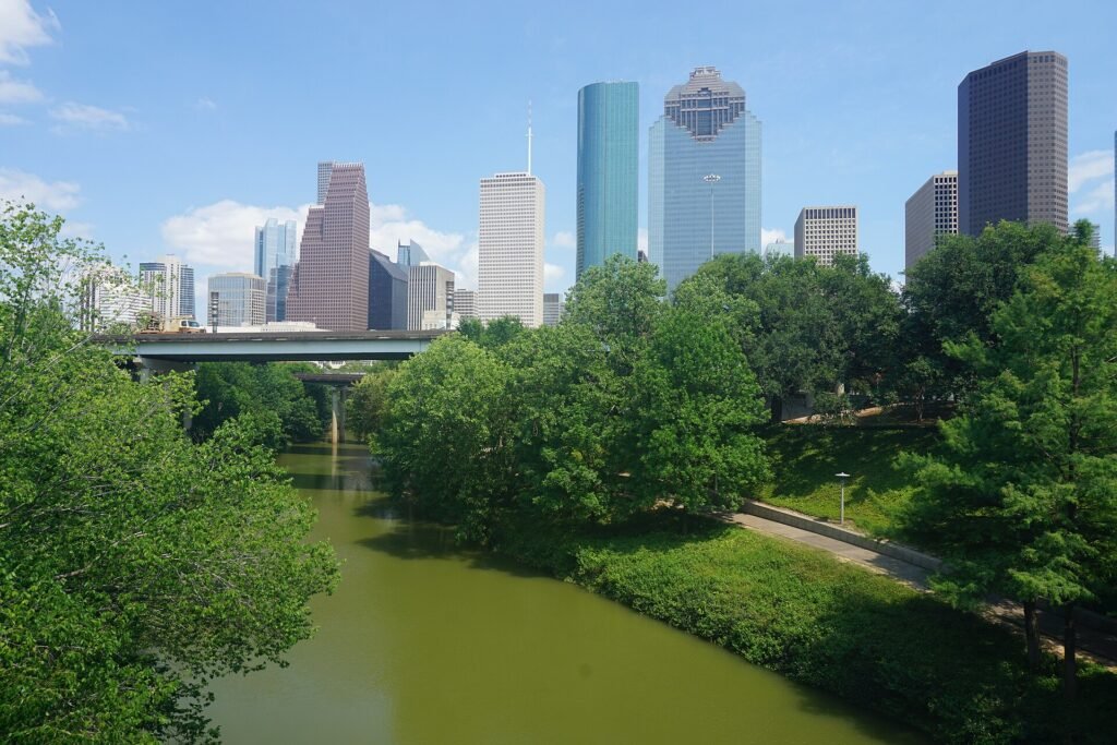Buffalo Bayou Park with the Houston skyline