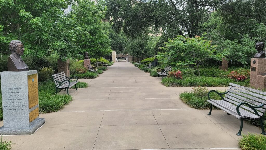 Busts and benches along Hawkins Sculpture Walk