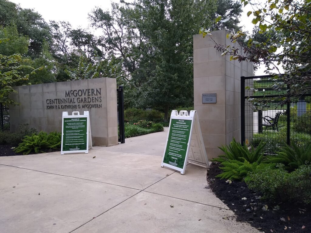 McGovern Centennial Gardens entrance with visitor guidance signs