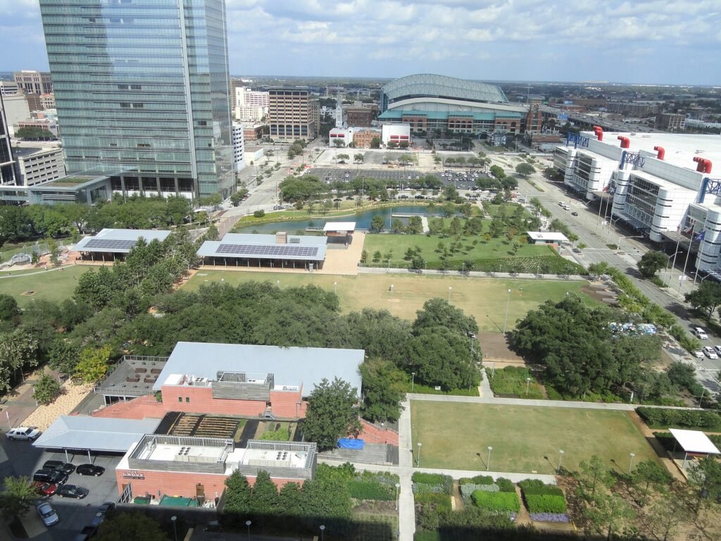 Aerial view of Discovery Green and surrounding downtown blocks