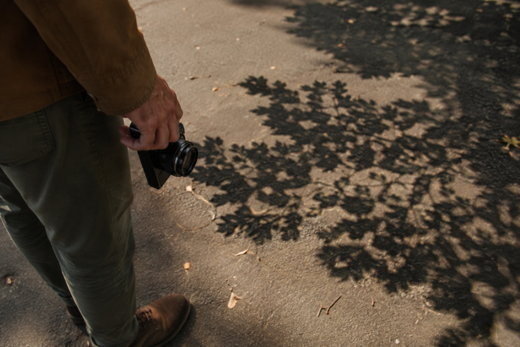 A walker photographing leaf shadows on pavement — conceptual image