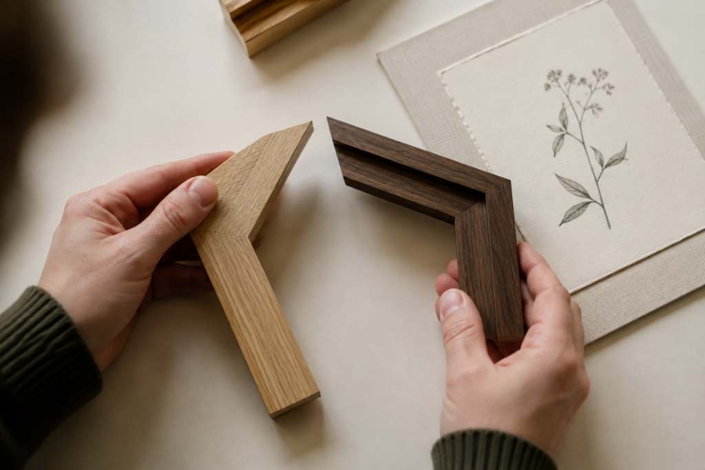 Hands comparing wooden frame corners with a botanical drawing — conceptual image