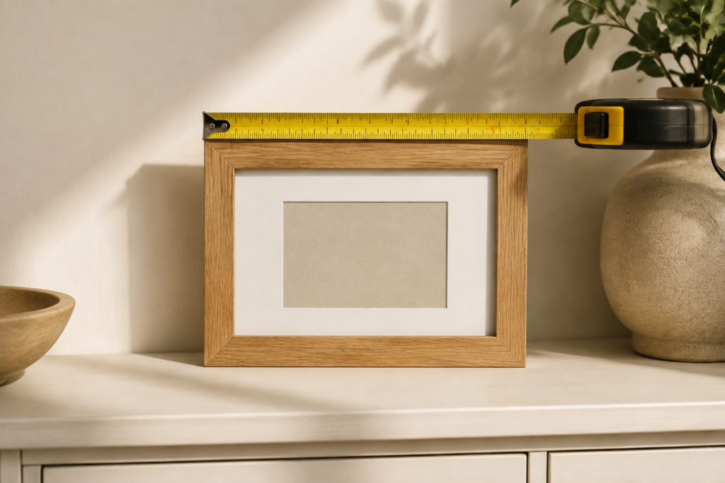 Tape measure stretched across an oak picture frame — conceptual image